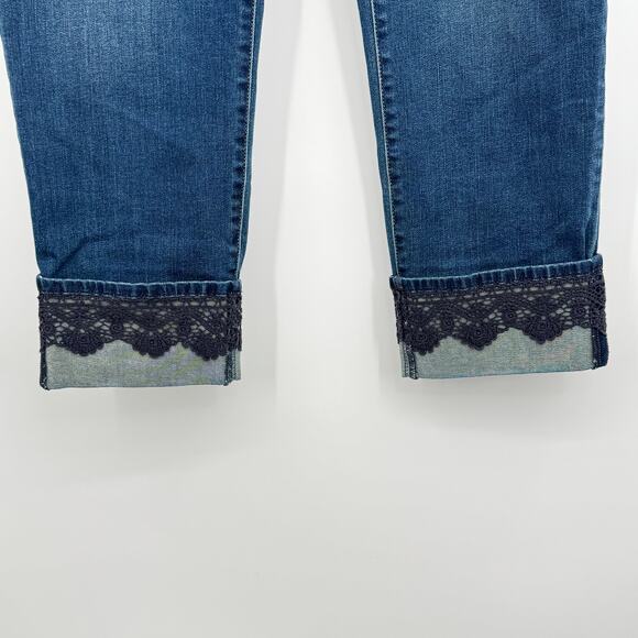 Chico's The Platinum ankle jeans size 12 embroidered lace cuff crop blue denim - Picture 3 of 8